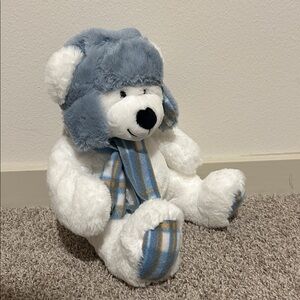 Gentle Treasures 18" White Polar Teddy  Bear w  Blue Plaid Scarf & Hat Plush